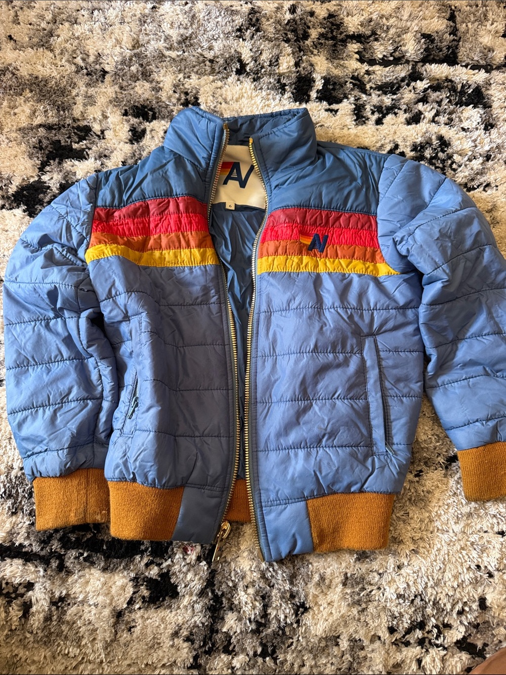 Aviator Nation Kids Light Blue Puffer Jacket with Red and Yellow Stripes